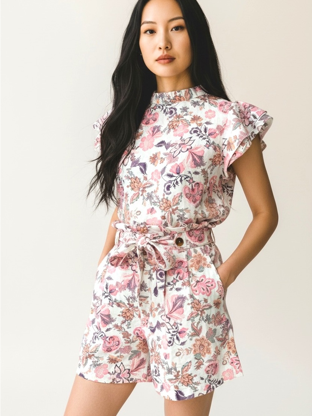 Who What Wear Pink and Cream Floral Flutter Sleeve Top with Paperbag Shorts